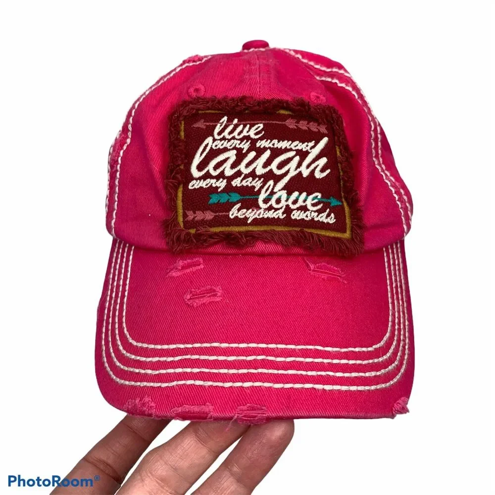 Distressed Live Laugh Love Strapback Hat Baseball Cap Hot Pink Adjustable Womens